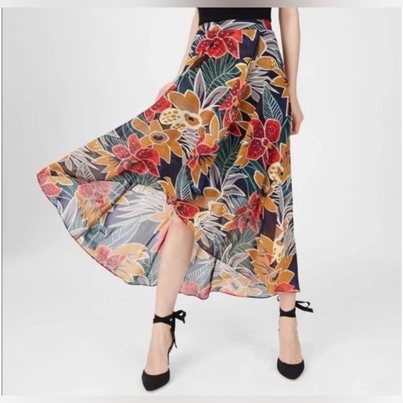 Club Monaco Floral Maxi Multicolor Tropical Hi-low Flowy Midi Skirt Size 8 - Picture 1 of 5